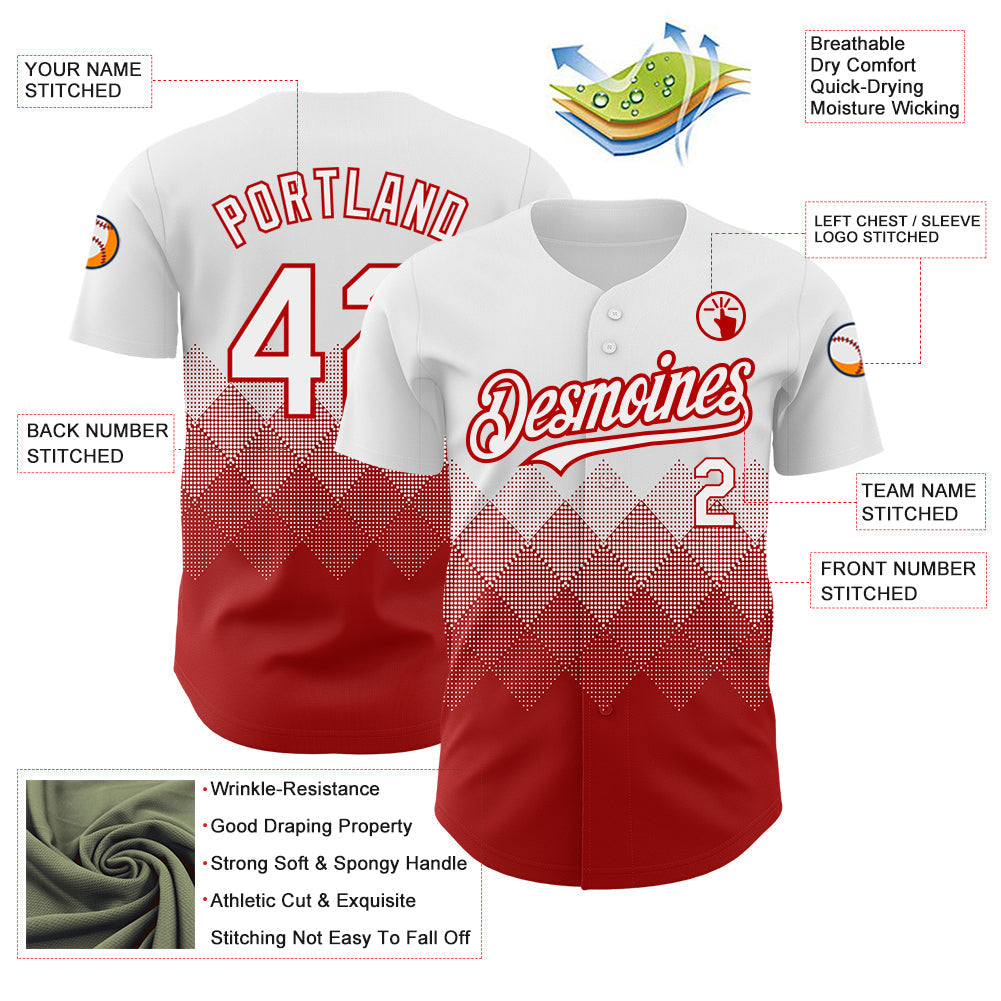 Custom White Red 3D Pattern Design Gradient Square Shapes Authentic Baseball Jersey baseball jersey product view 3