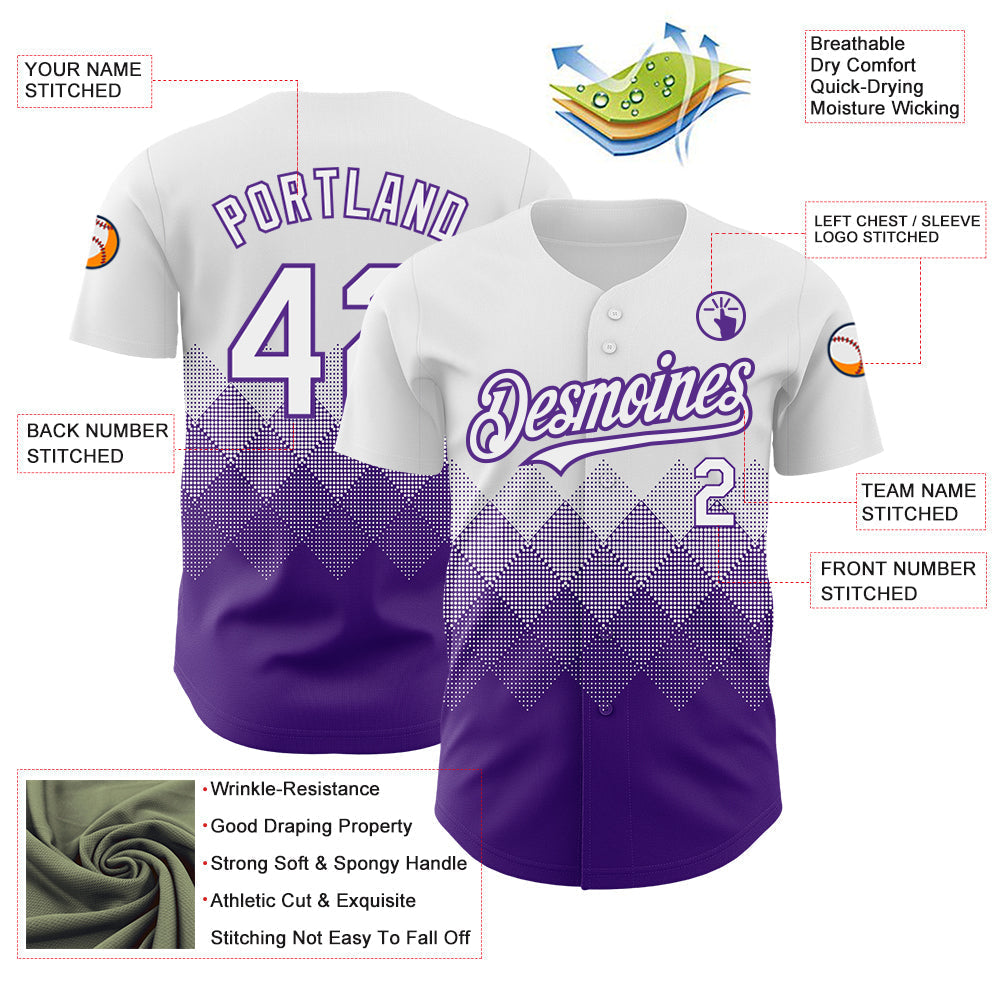 Custom White Purple 3D Pattern Design Gradient Square Shapes Authentic Baseball Jersey baseball jersey product view 3
