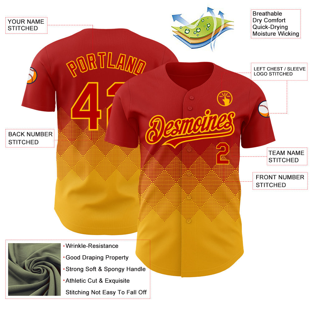 Custom Red Gold 3D Pattern Design Gradient Square Shapes Authentic Baseball Jersey baseball jersey product view 3