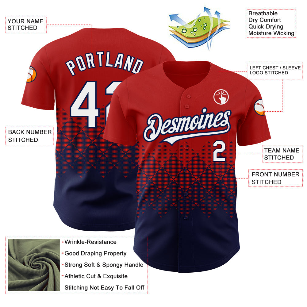 Custom Red White-Navy 3D Pattern Design Gradient Square Shapes Authentic Baseball Jersey baseball jersey product view 3