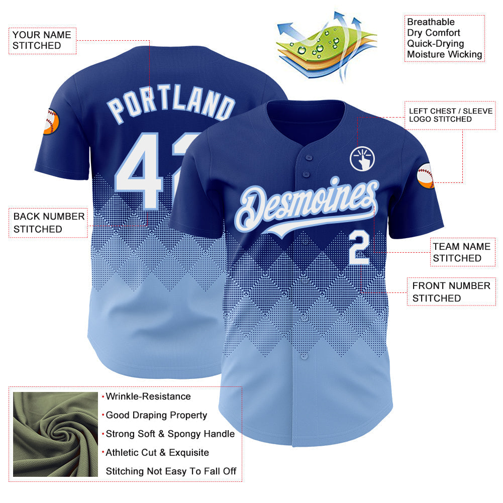 Custom Royal White-Light Blue 3D Pattern Design Gradient Square Shapes Authentic Baseball Jersey baseball jersey product view 3