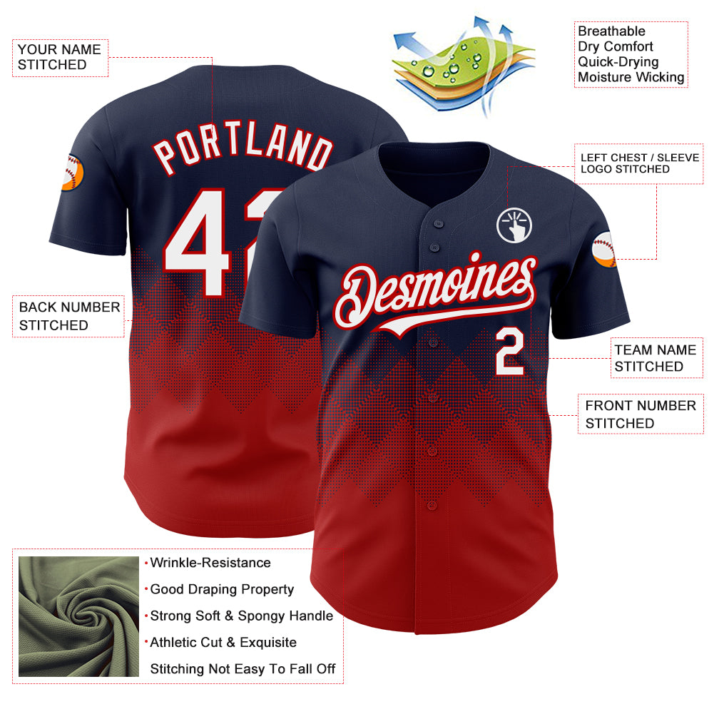Custom Navy White-Red 3D Pattern Design Gradient Square Shapes Authentic Baseball Jersey baseball jersey product view 3
