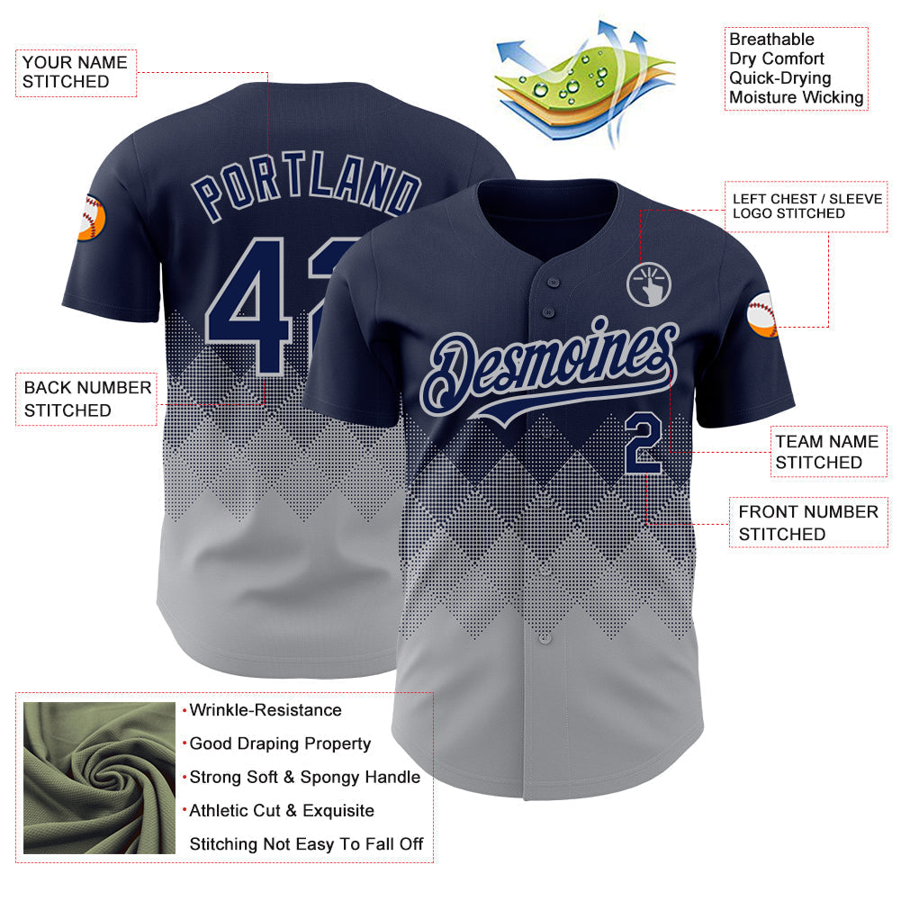 Custom Navy Gray 3D Pattern Design Gradient Square Shapes Authentic Baseball Jersey baseball jersey product view 3