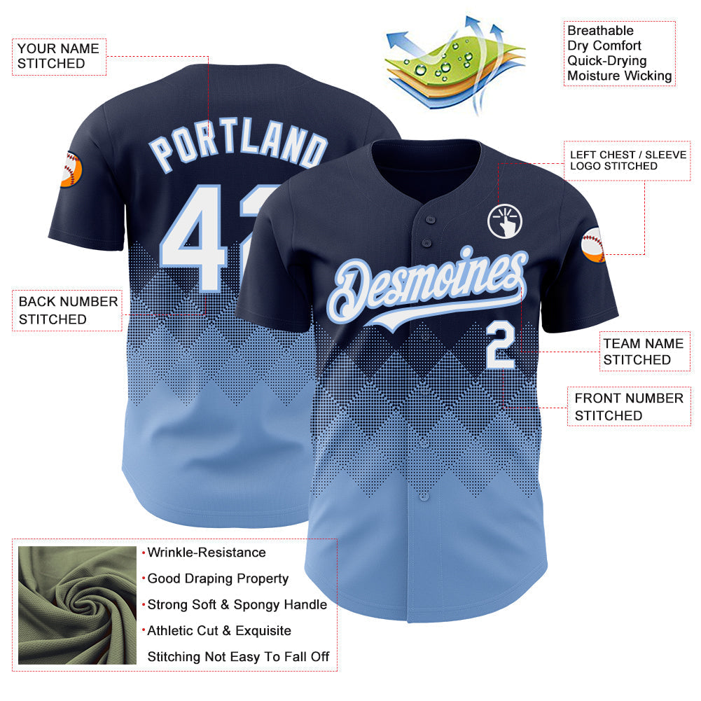Custom Navy White-Light Blue 3D Pattern Design Gradient Square Shapes Authentic Baseball Jersey baseball jersey product view 3