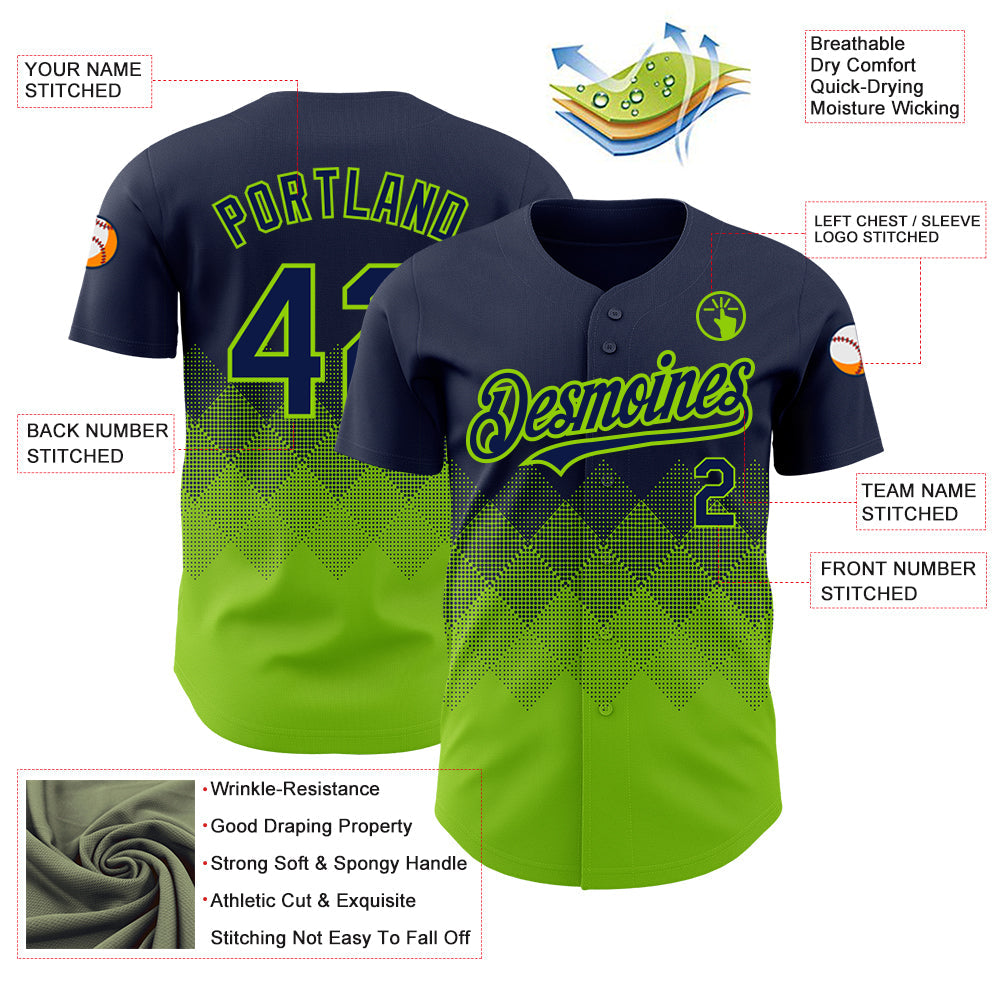 Custom Navy Neon Green 3D Pattern Design Gradient Square Shapes Authentic Baseball Jersey baseball jersey product view 3