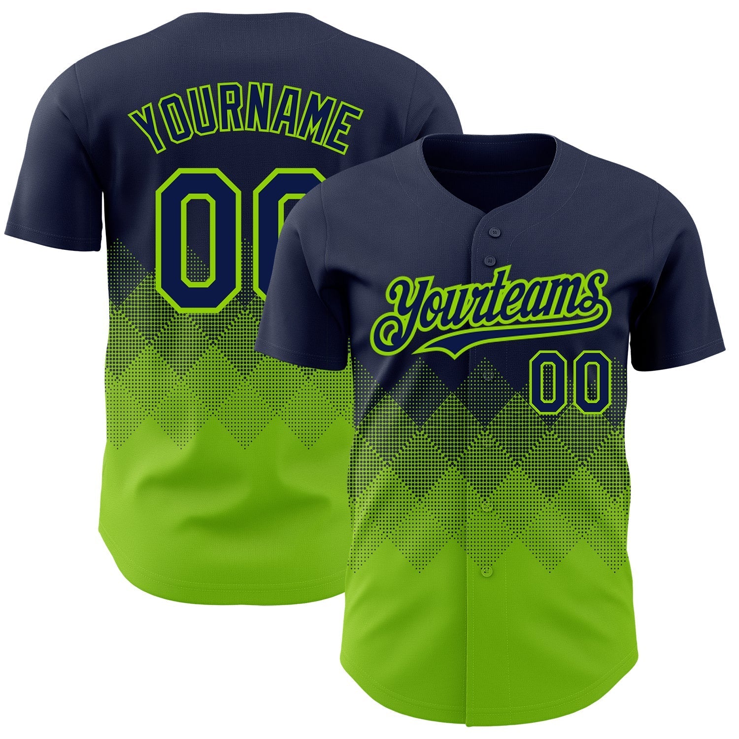 Custom Navy Neon Green 3D Pattern Design Gradient Square Shapes Authentic Baseball Jersey baseball jersey product view 1