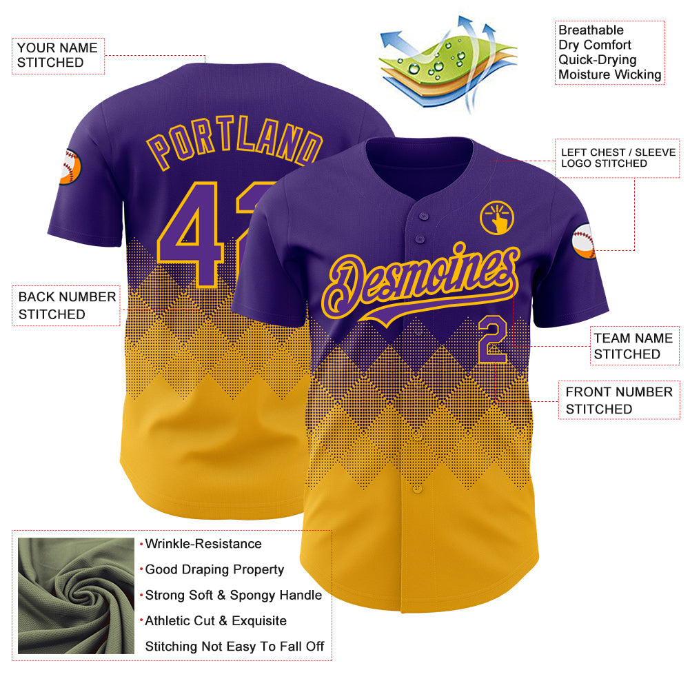 Custom Purple Gold 3D Pattern Design Gradient Square Shapes Authentic Baseball Jersey baseball jersey product view 3