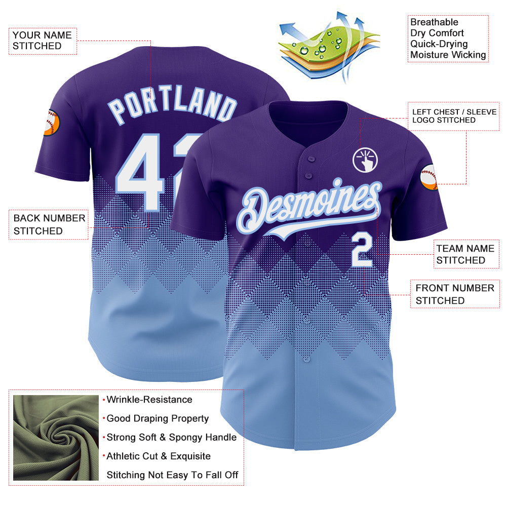 Custom Purple White-Light Blue 3D Pattern Design Gradient Square Shapes Authentic Baseball Jersey baseball jersey product view 3