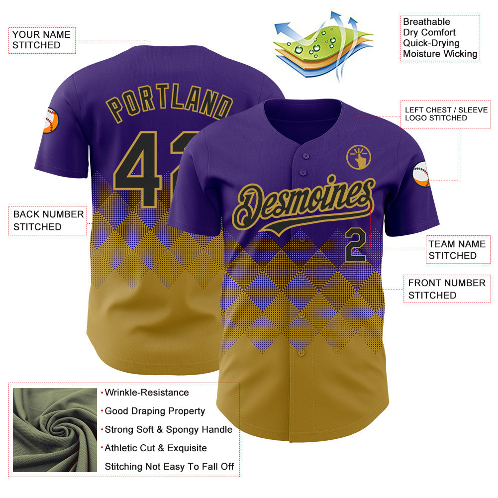 Custom Purple Black-Old Gold 3D Pattern Design Gradient Square Shapes Authentic Baseball Jersey baseball jersey product view 3