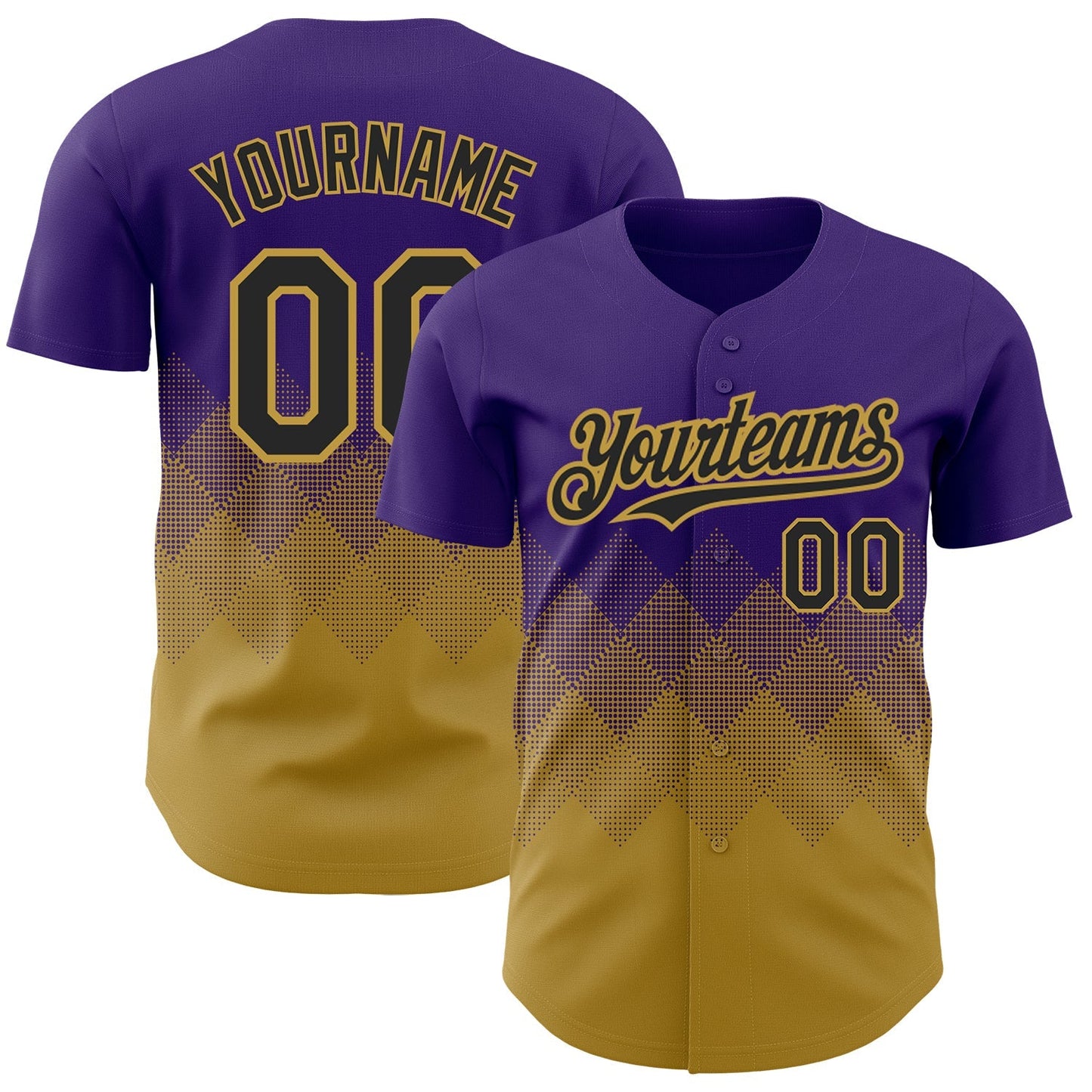 Custom Purple Black-Old Gold 3D Pattern Design Gradient Square Shapes Authentic Baseball Jersey baseball jersey product view 1