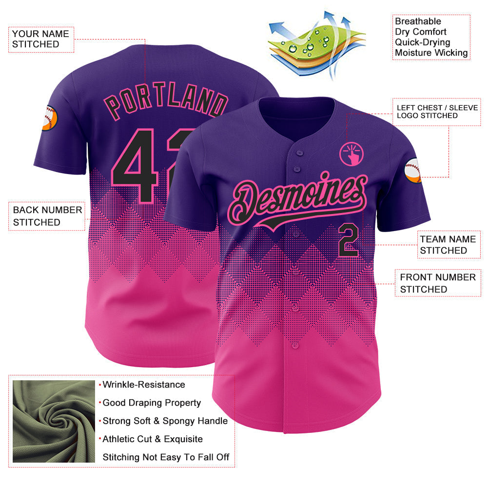 Custom Purple Black-Pink 3D Pattern Design Gradient Square Shapes Authentic Baseball Jersey baseball jersey product view 3