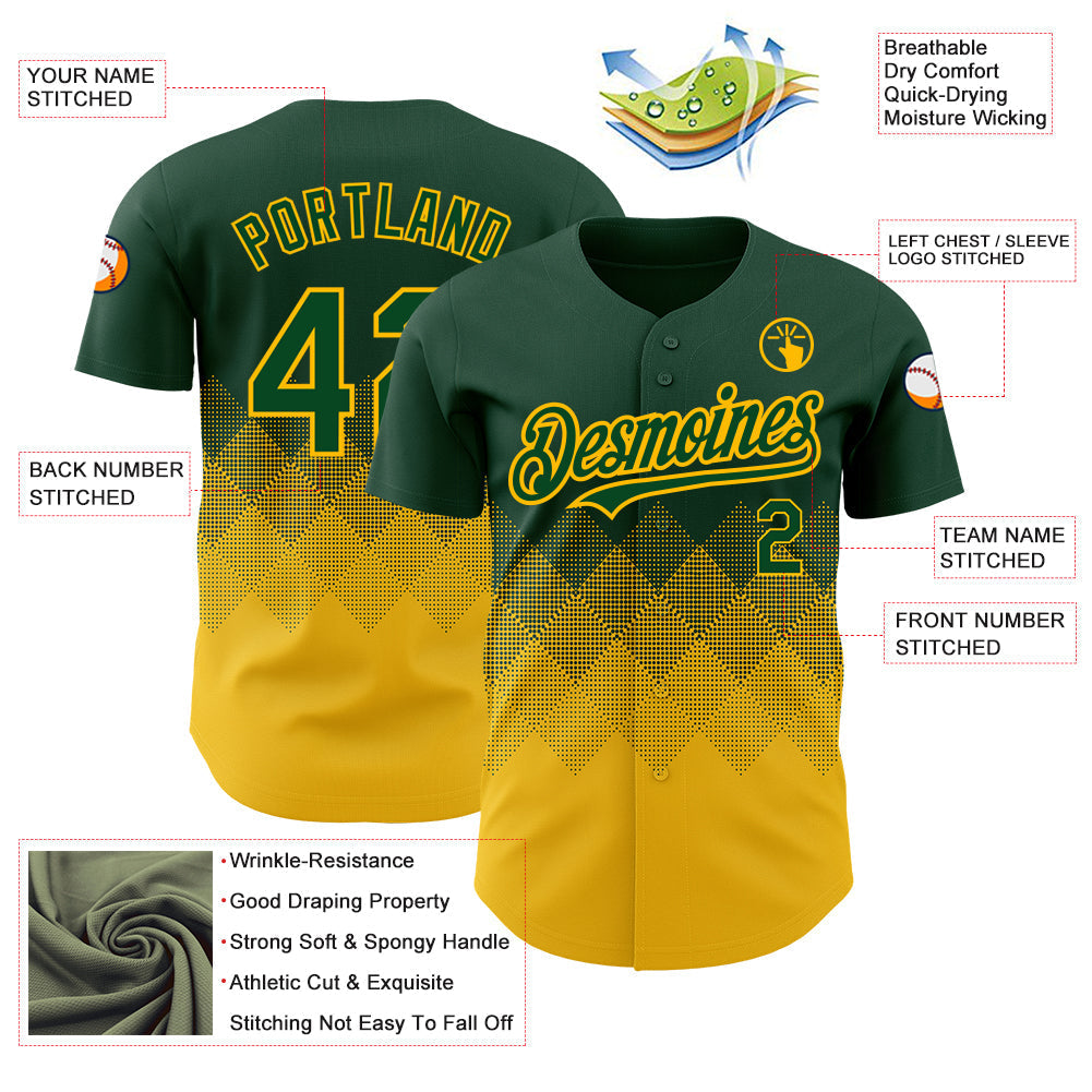 Custom Green Gold 3D Pattern Design Gradient Square Shapes Authentic Baseball Jersey baseball jersey product view 3