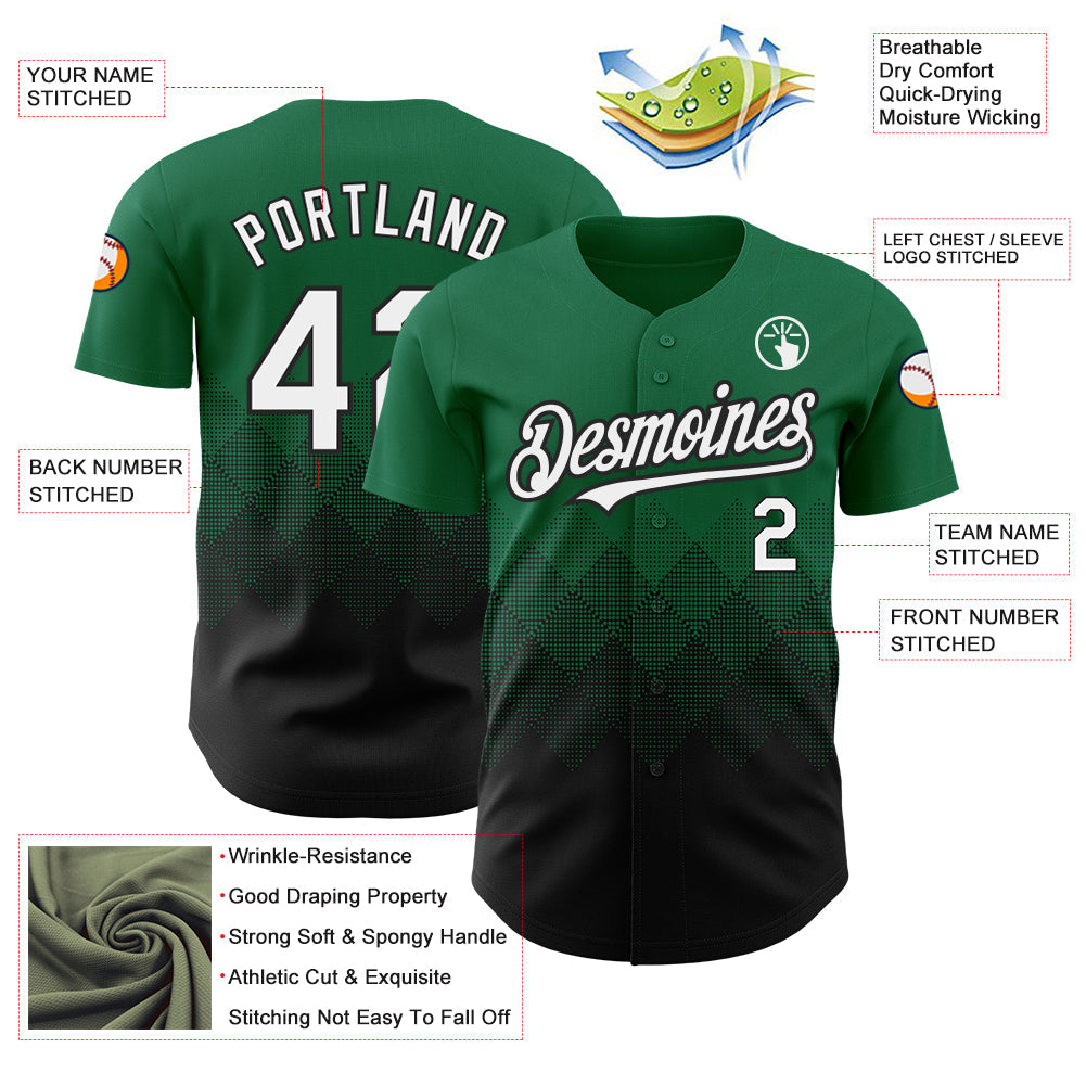 Custom Kelly Green White-Black 3D Pattern Design Gradient Square Shapes Authentic Baseball Jersey baseball jersey product view 3