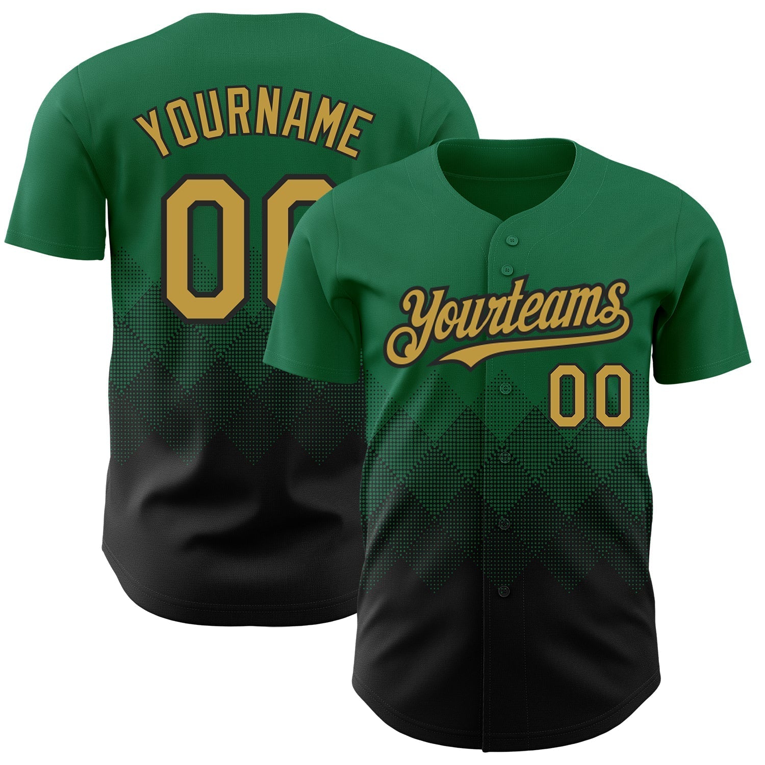 Custom Kelly Green Old Gold-Black 3D Pattern Design Gradient Square Shapes Authentic Baseball Jersey baseball jersey product view 1