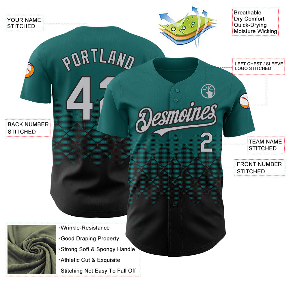 Custom Teal Gray-Black 3D Pattern Design Gradient Square Shapes Authentic Baseball Jersey baseball jersey product view 3