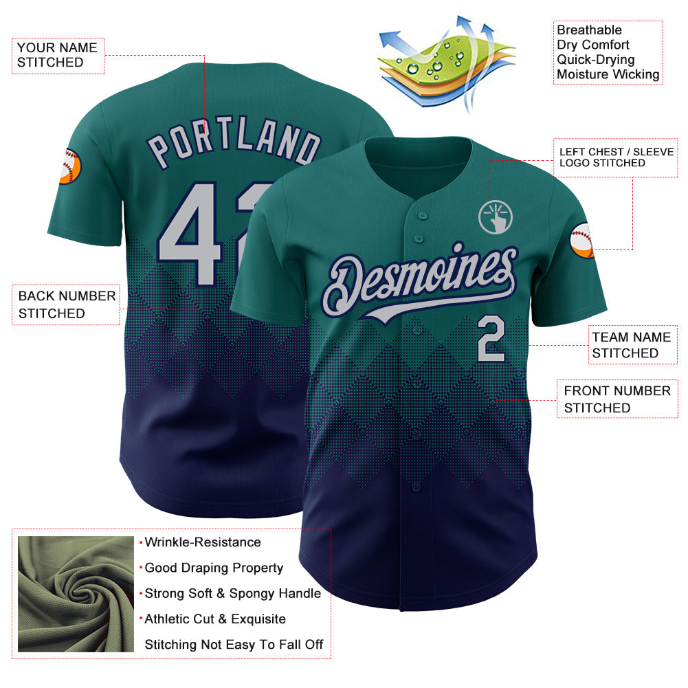 Custom Teal Gray-Navy 3D Pattern Design Gradient Square Shapes Authentic Baseball Jersey baseball jersey product view 3