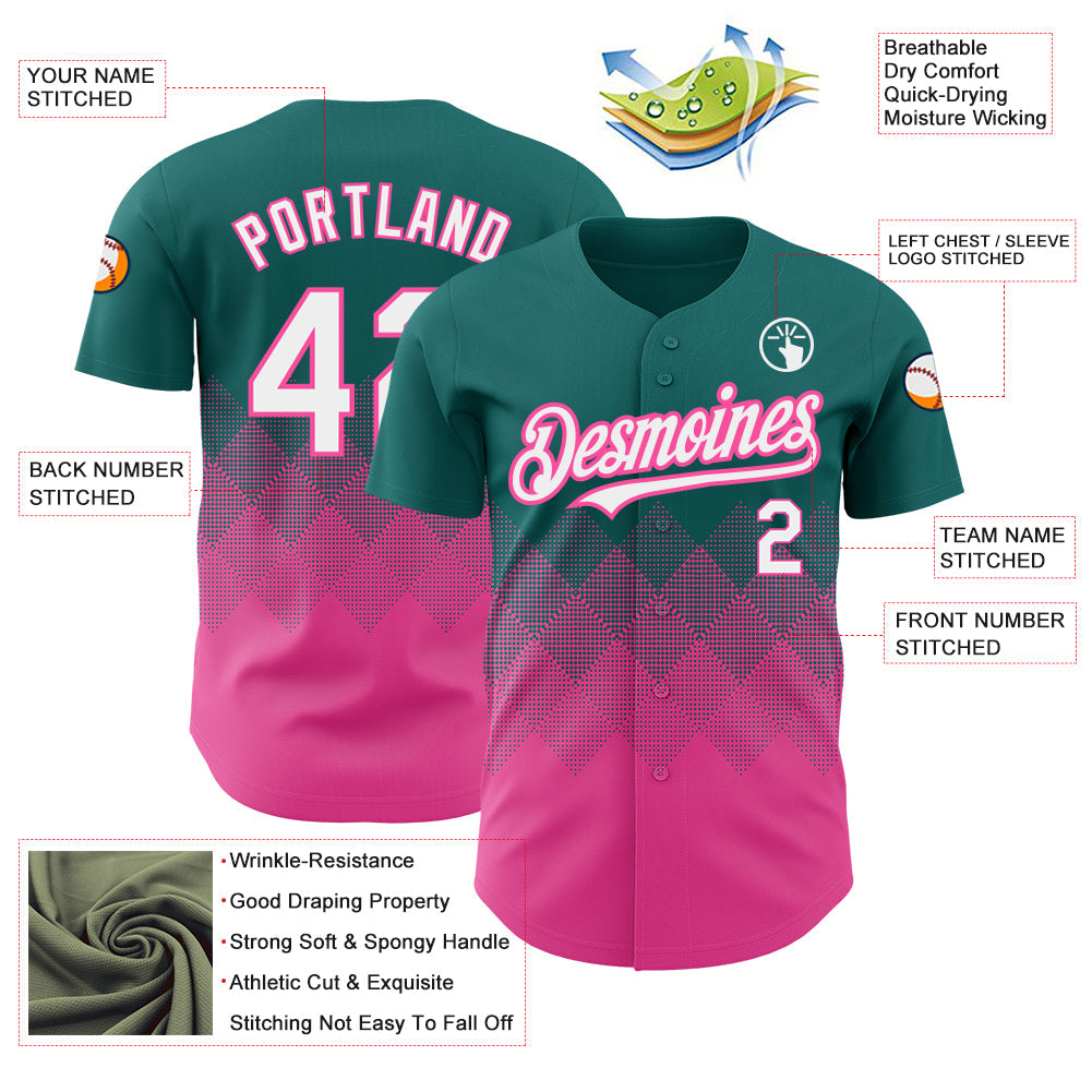 Custom Teal White-Pink 3D Pattern Design Gradient Square Shapes Authentic Baseball Jersey baseball jersey product view 3
