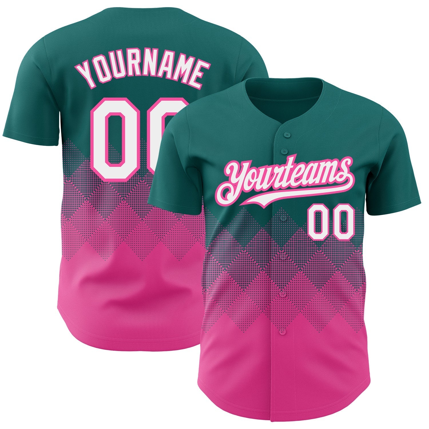 Custom Teal White-Pink 3D Pattern Design Gradient Square Shapes Authentic Baseball Jersey baseball jersey product view 1