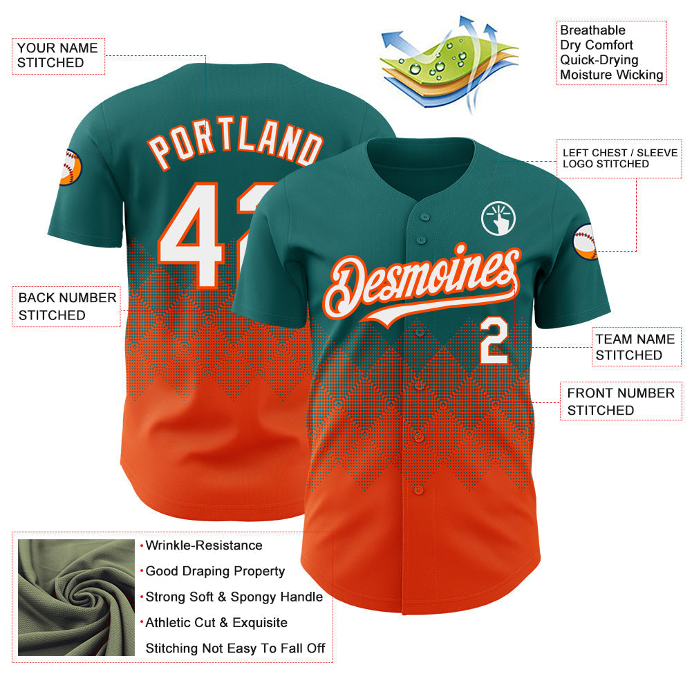 Custom Teal White-Orange 3D Pattern Design Gradient Square Shapes Authentic Baseball Jersey baseball jersey product view 3