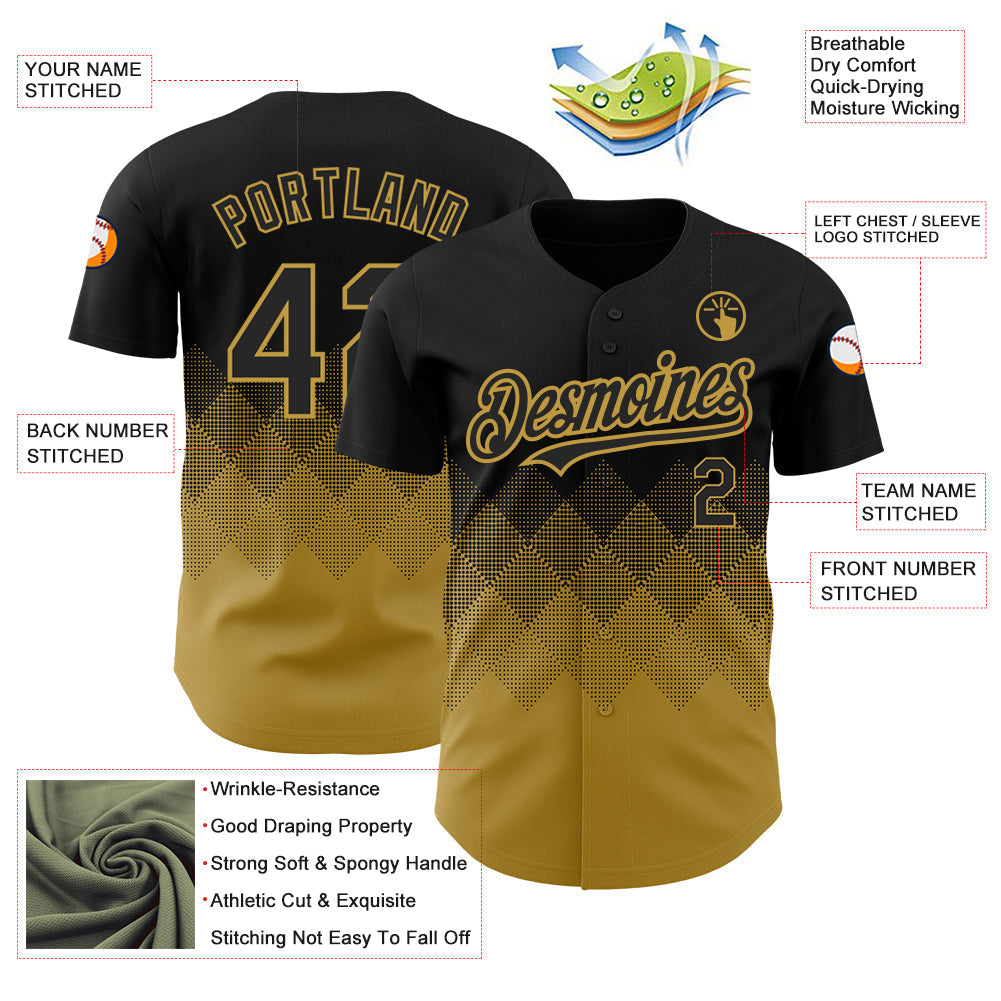 Custom Black Old Gold 3D Pattern Design Gradient Square Shapes Authentic Baseball Jersey baseball jersey product view 3
