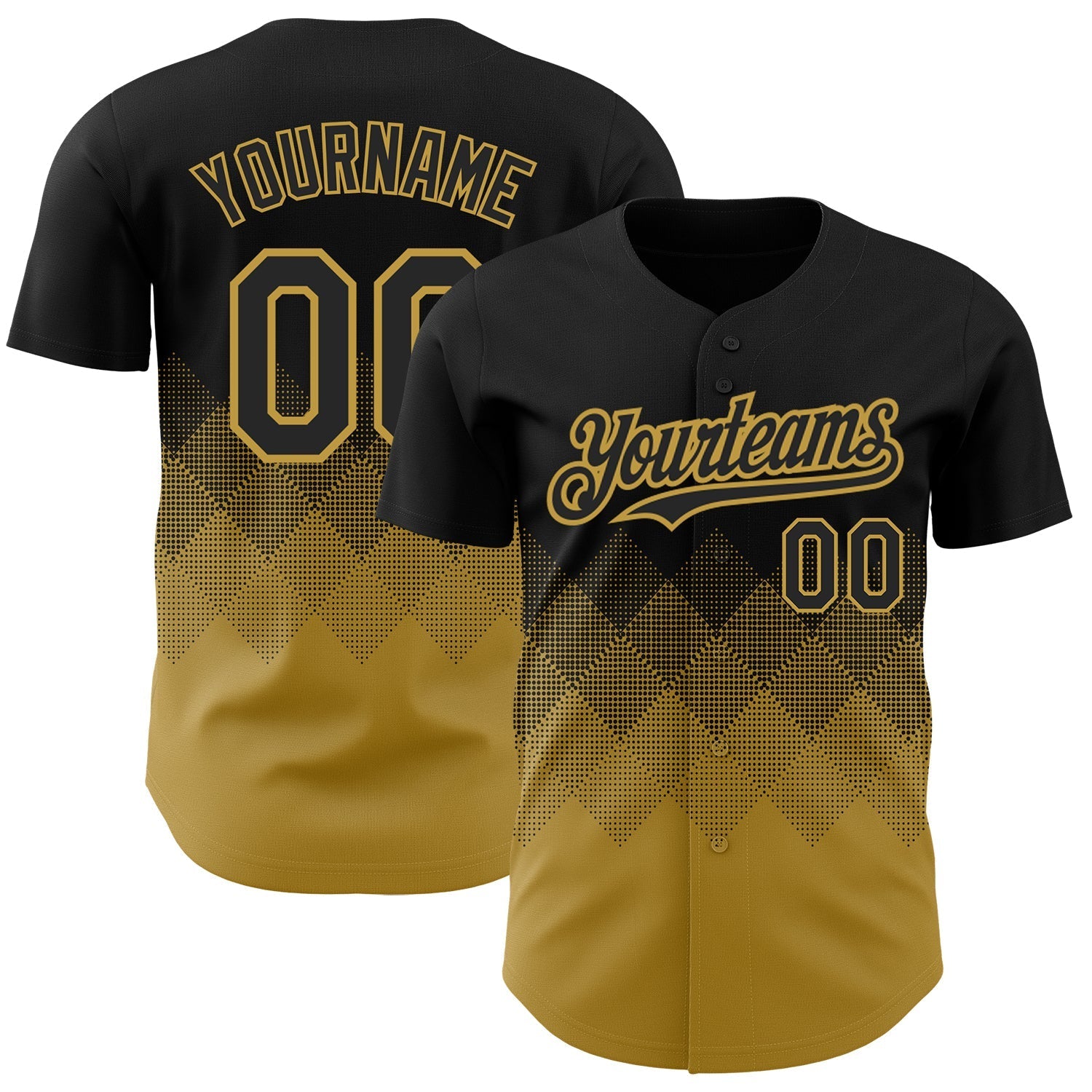 Custom Black Old Gold 3D Pattern Design Gradient Square Shapes Authentic Baseball Jersey baseball jersey product view 1