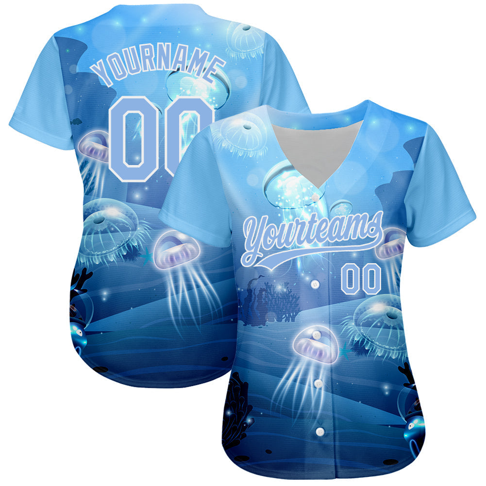Custom Light Blue White 3D Pattern Design Jellyfish Underwater Life Authentic Baseball Jersey baseball jersey product view 2