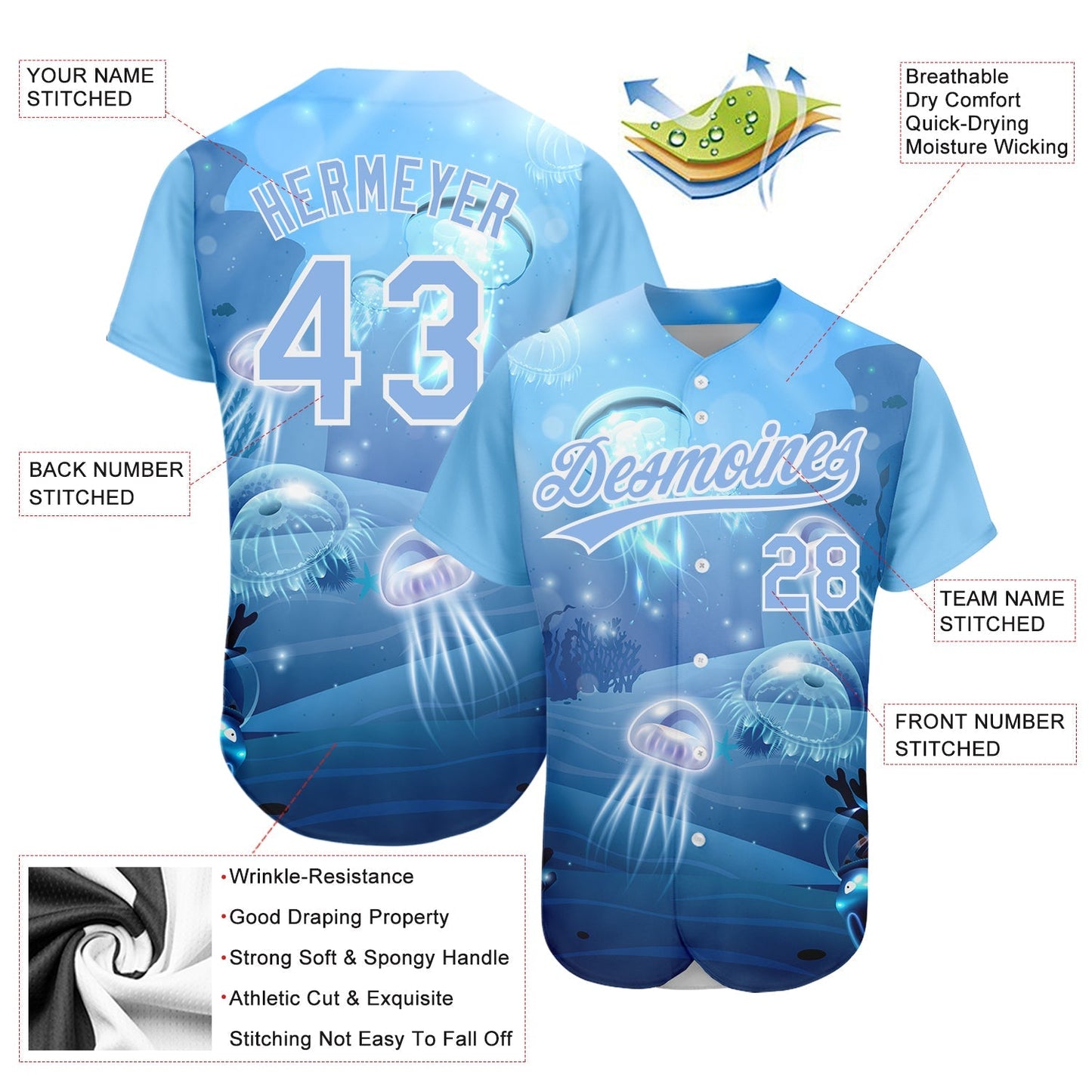 Custom Light Blue White 3D Pattern Design Jellyfish Underwater Life Authentic Baseball Jersey baseball jersey product view 3