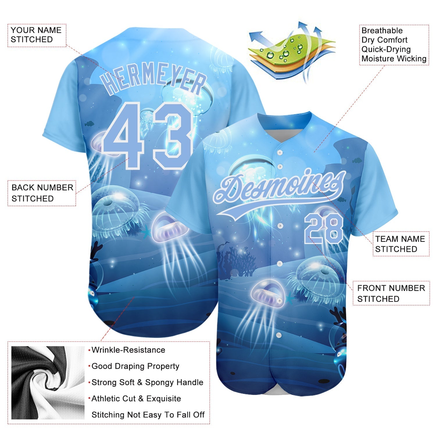 Custom Light Blue White 3D Pattern Design Jellyfish Underwater Life Authentic Baseball Jersey baseball jersey product view 3