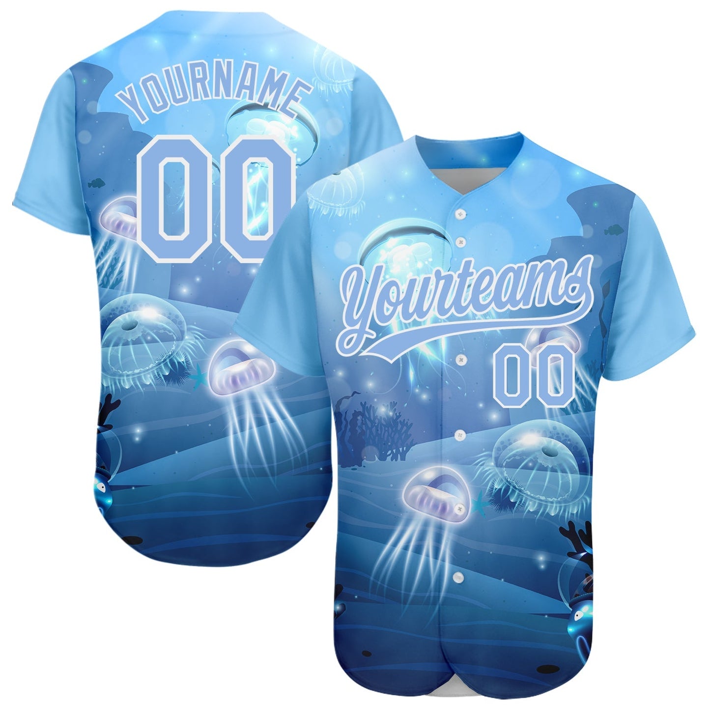 Custom Light Blue White 3D Pattern Design Jellyfish Underwater Life Authentic Baseball Jersey baseball jersey product view 1