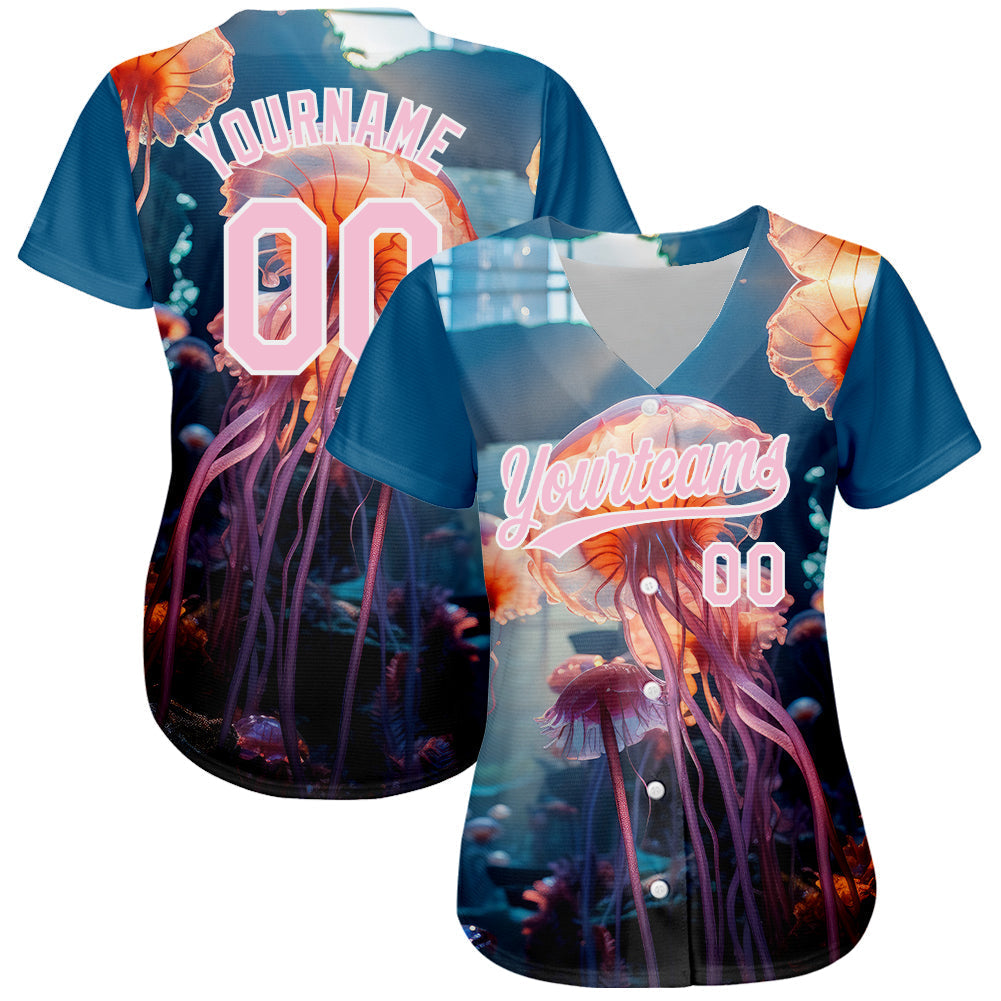 Custom Navy Light Pink-White 3D Pattern Design Jellyfish Floating In The Ocean Authentic Baseball Jersey baseball jersey product view 2