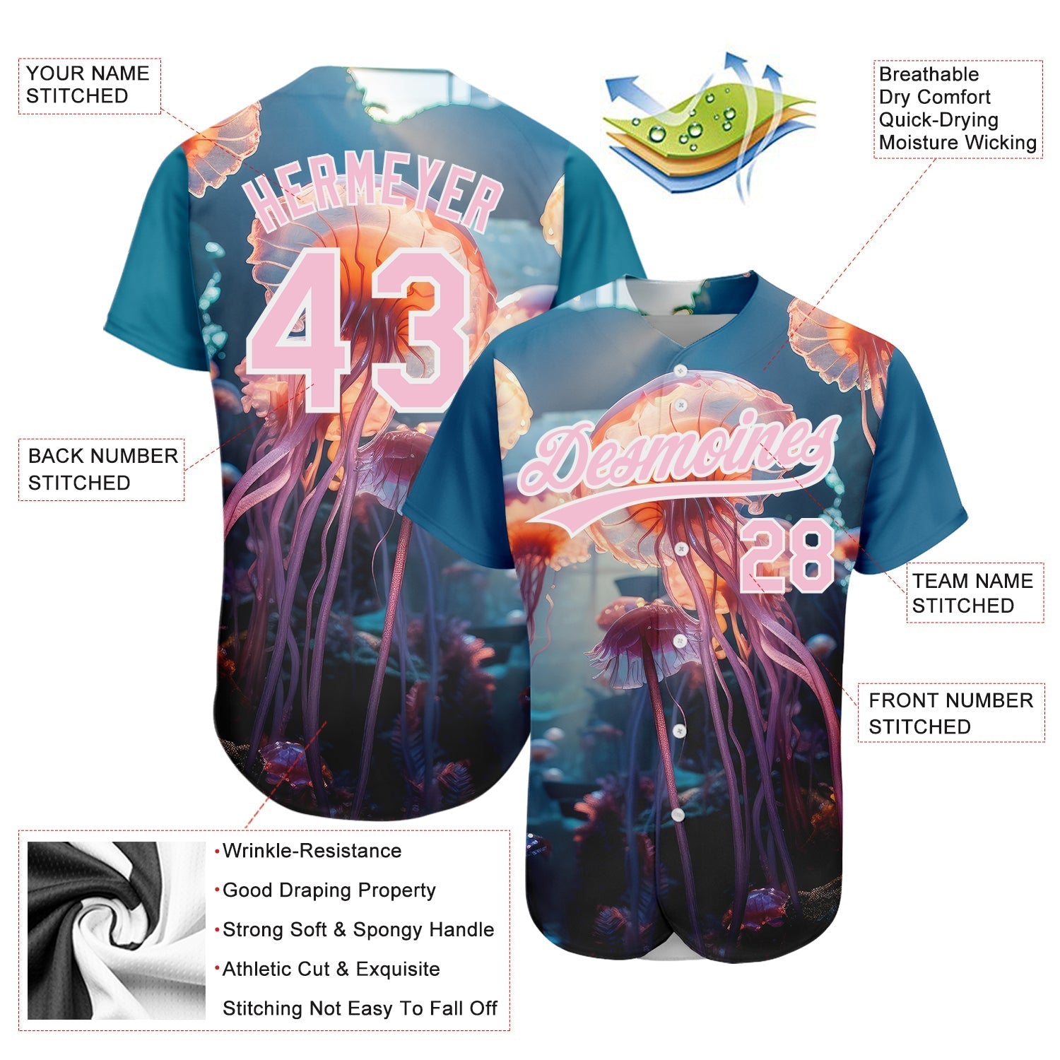 Custom Navy Light Pink-White 3D Pattern Design Jellyfish Floating In The Ocean Authentic Baseball Jersey baseball jersey product view 3