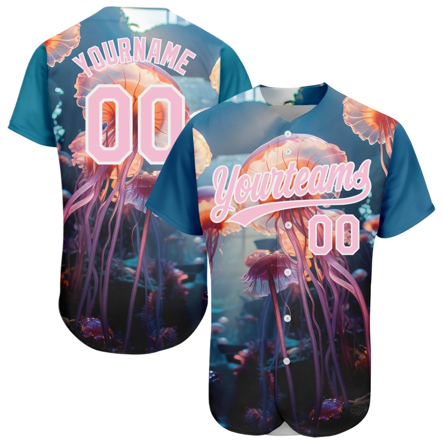 Custom Navy Light Pink-White 3D Pattern Design Jellyfish Floating In The Ocean Authentic Baseball Jersey baseball jersey product view 1