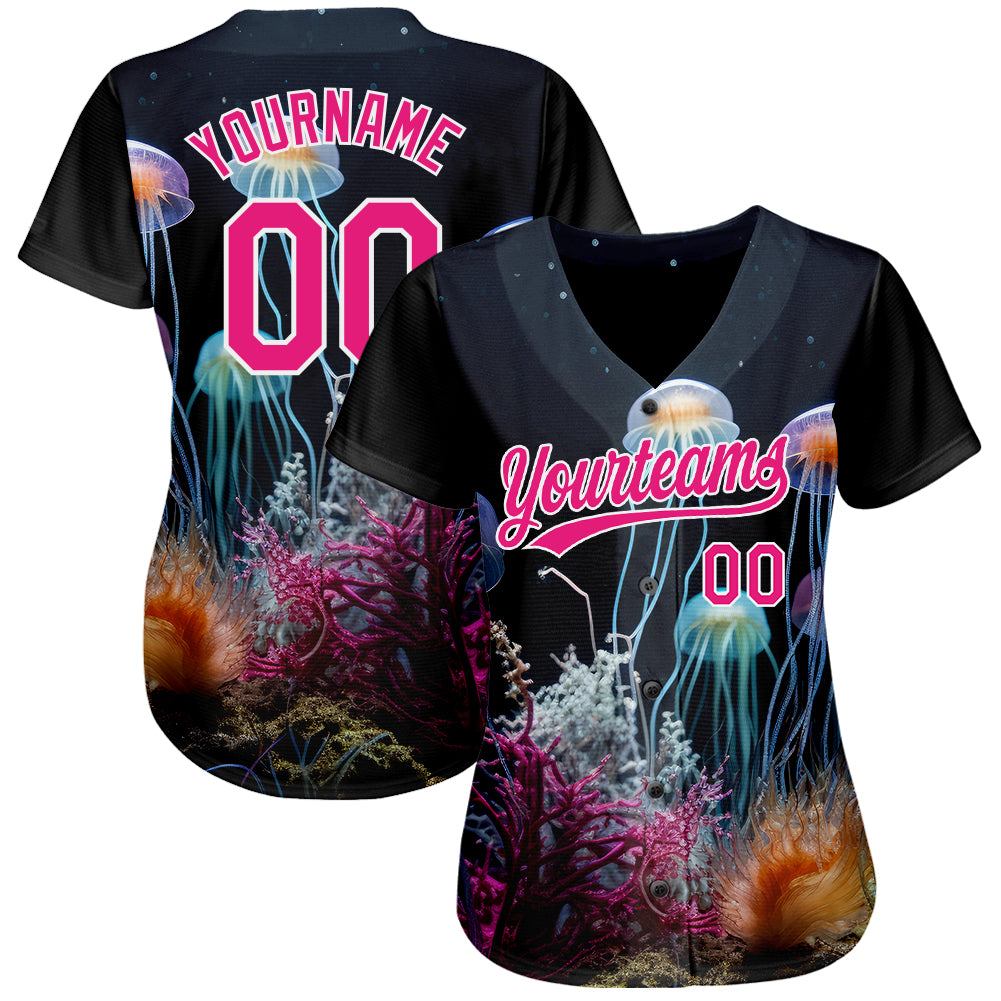 Custom Navy Hot Pink-White 3D Pattern Design Jellyfish Underwater Life Authentic Baseball Jersey baseball jersey product view 2