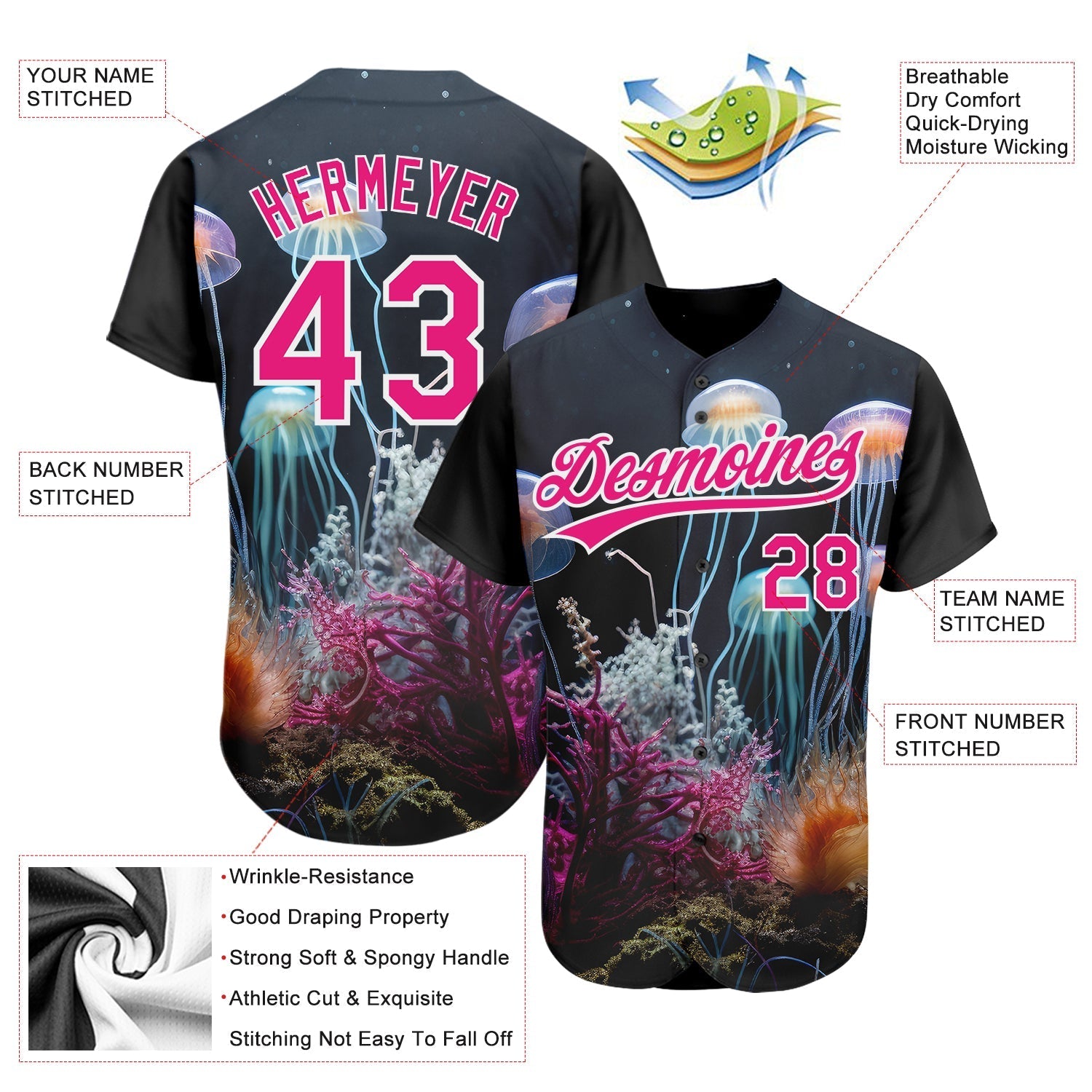Custom Navy Hot Pink-White 3D Pattern Design Jellyfish Underwater Life Authentic Baseball Jersey baseball jersey product view 3
