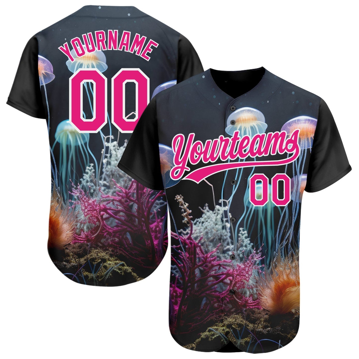 Custom Navy Hot Pink-White 3D Pattern Design Jellyfish Underwater Life Authentic Baseball Jersey baseball jersey product view 1