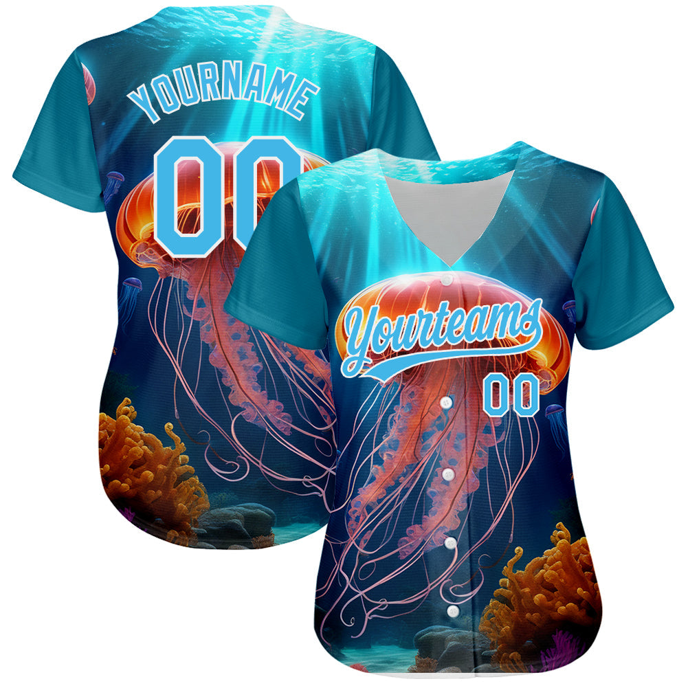 Custom Sky Blue White 3D Pattern Design Jellyfish Floating In The Ocean Authentic Baseball Jersey baseball jersey product view 2