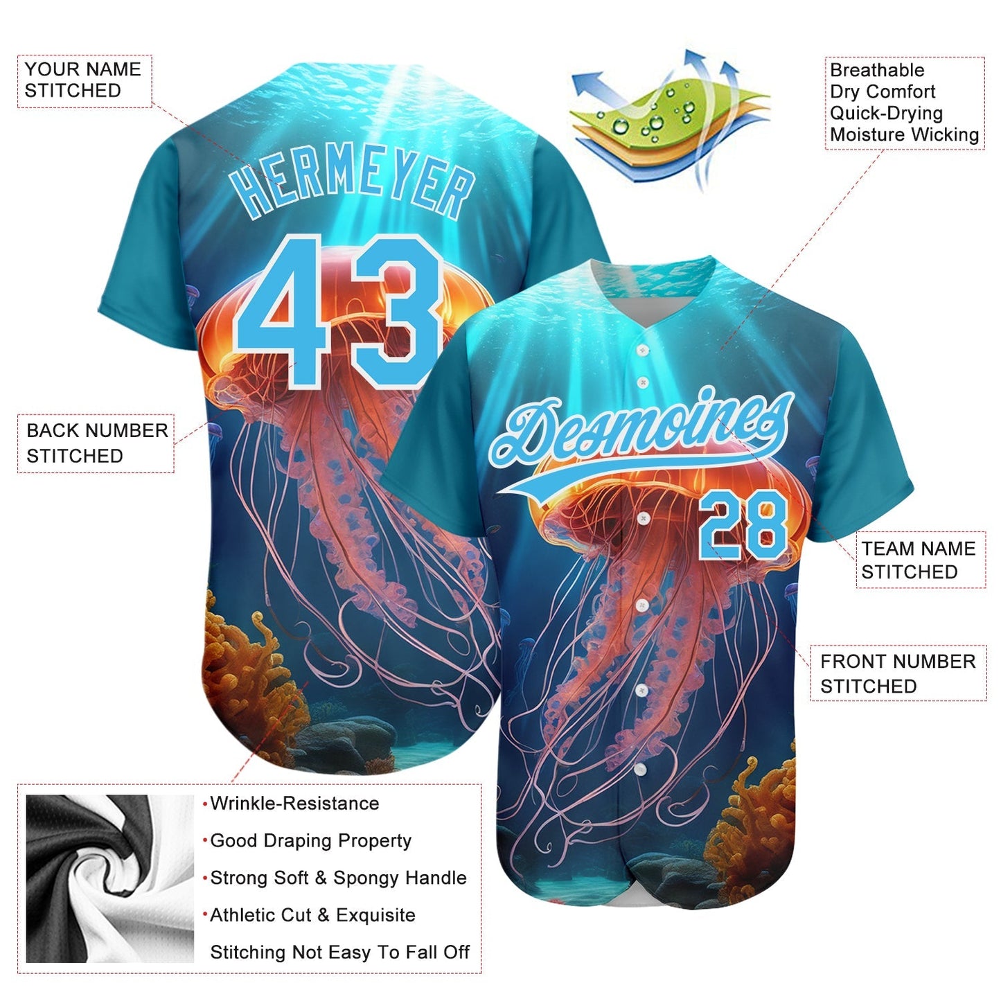 Custom Sky Blue White 3D Pattern Design Jellyfish Floating In The Ocean Authentic Baseball Jersey baseball jersey product view 3