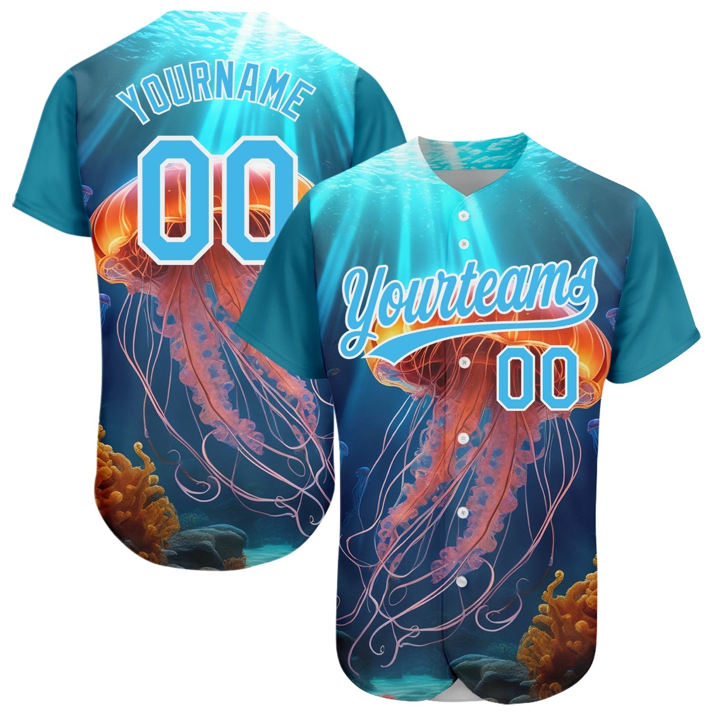 Custom Sky Blue White 3D Pattern Design Jellyfish Floating In The Ocean Authentic Baseball Jersey baseball jersey product view 1