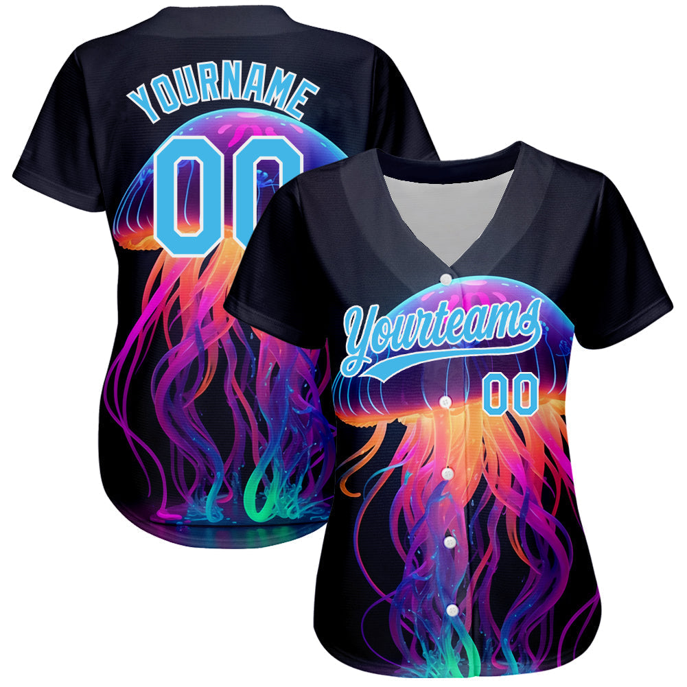 Custom Black Sky Blue-White 3D Pattern Design Neon Jellyfish Authentic Baseball Jersey baseball jersey product view 2