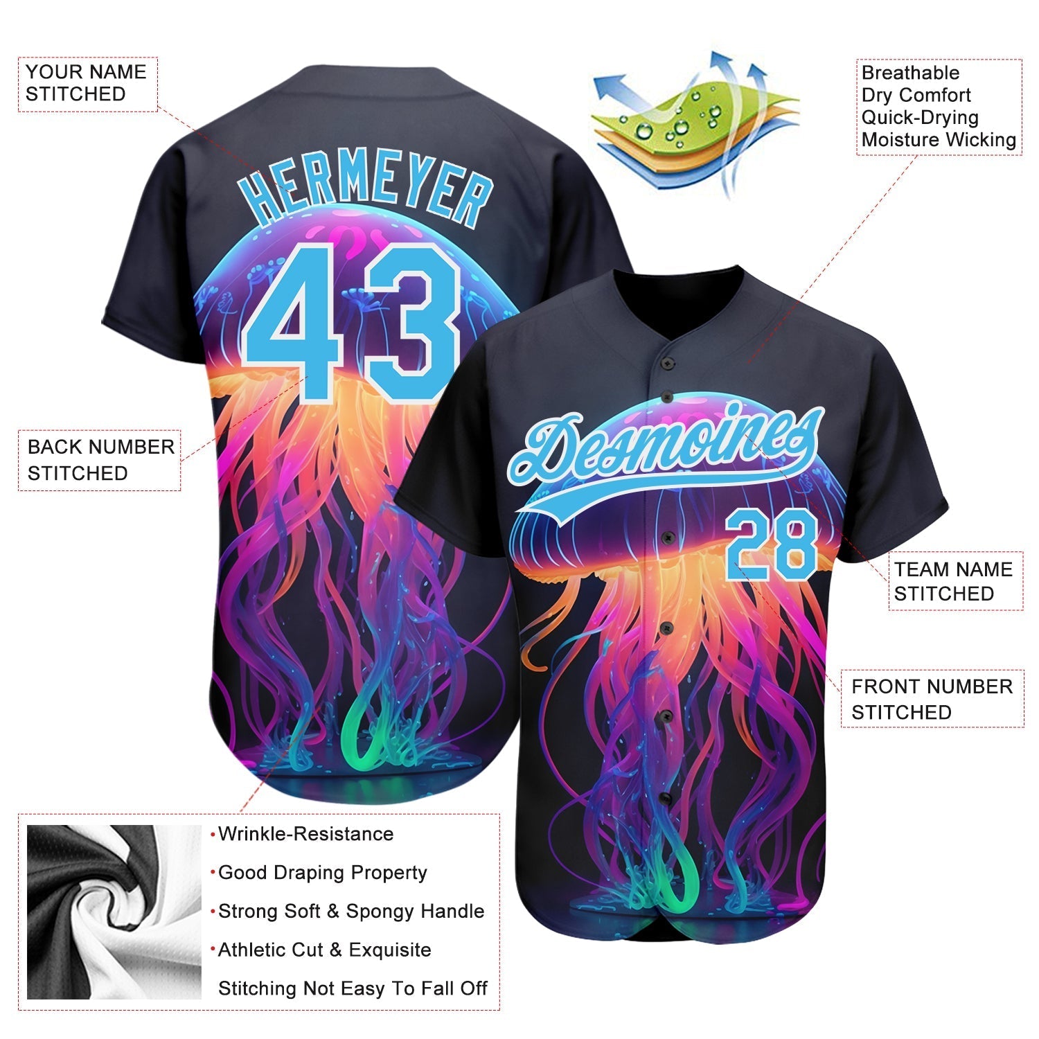 Custom Black Sky Blue-White 3D Pattern Design Neon Jellyfish Authentic Baseball Jersey baseball jersey product view 3