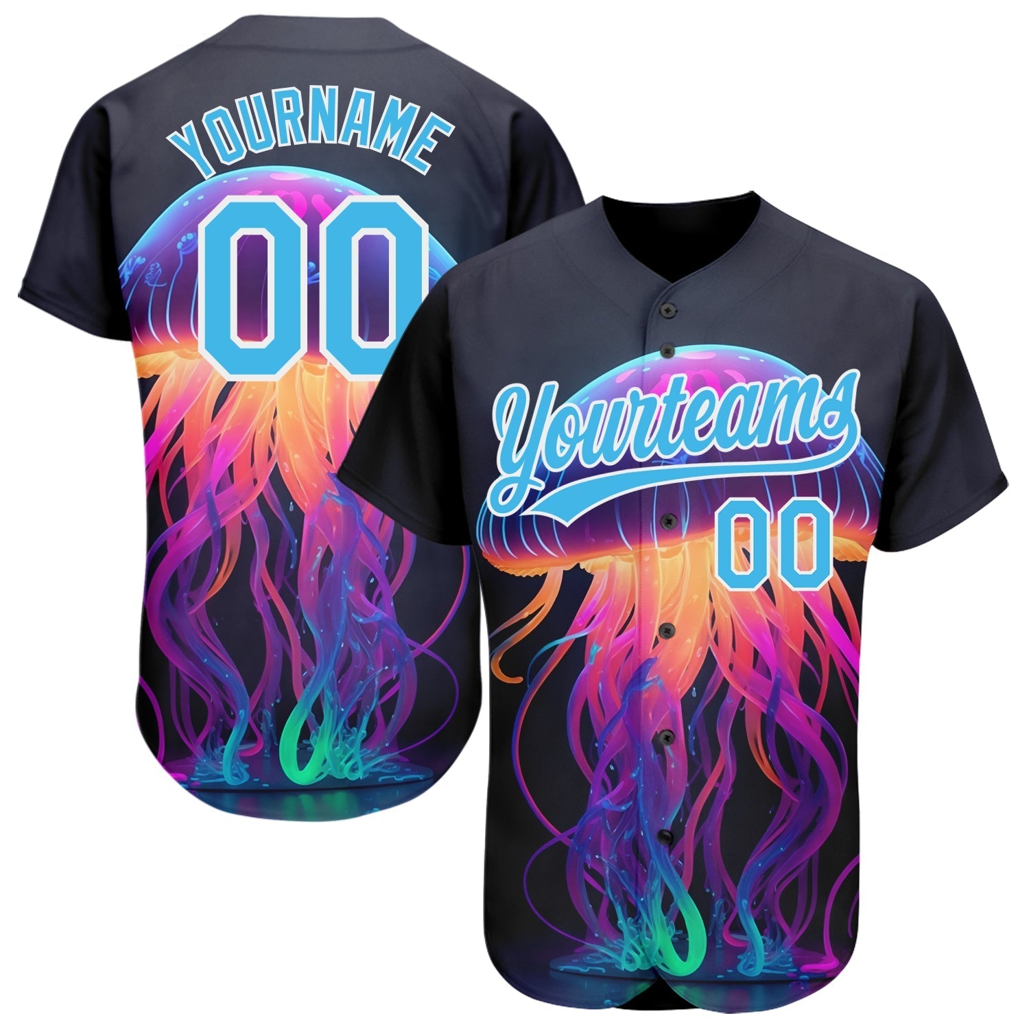 Custom Black Sky Blue-White 3D Pattern Design Neon Jellyfish Authentic Baseball Jersey baseball jersey product view 1