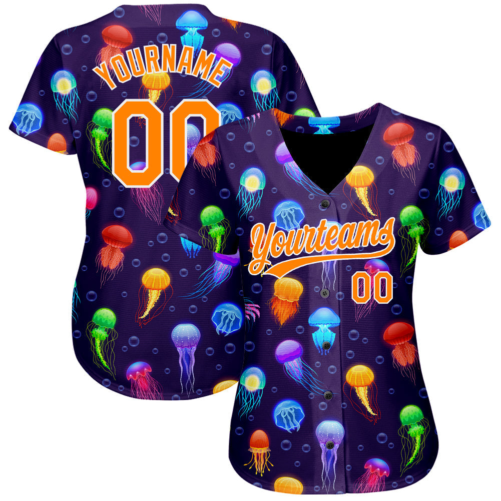 Custom Purple Bay Orange-White 3D Pattern Design Colorful Cartoon Jellyfish Authentic Baseball Jersey baseball jersey product view 2