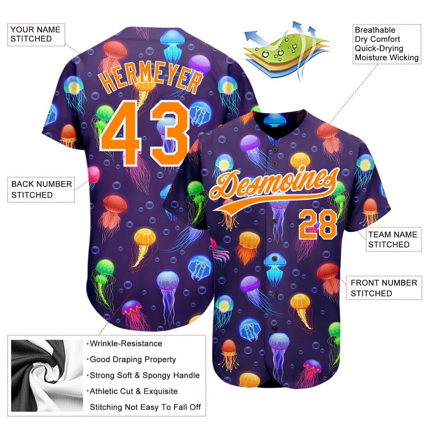 Custom Purple Bay Orange-White 3D Pattern Design Colorful Cartoon Jellyfish Authentic Baseball Jersey baseball jersey product view 3