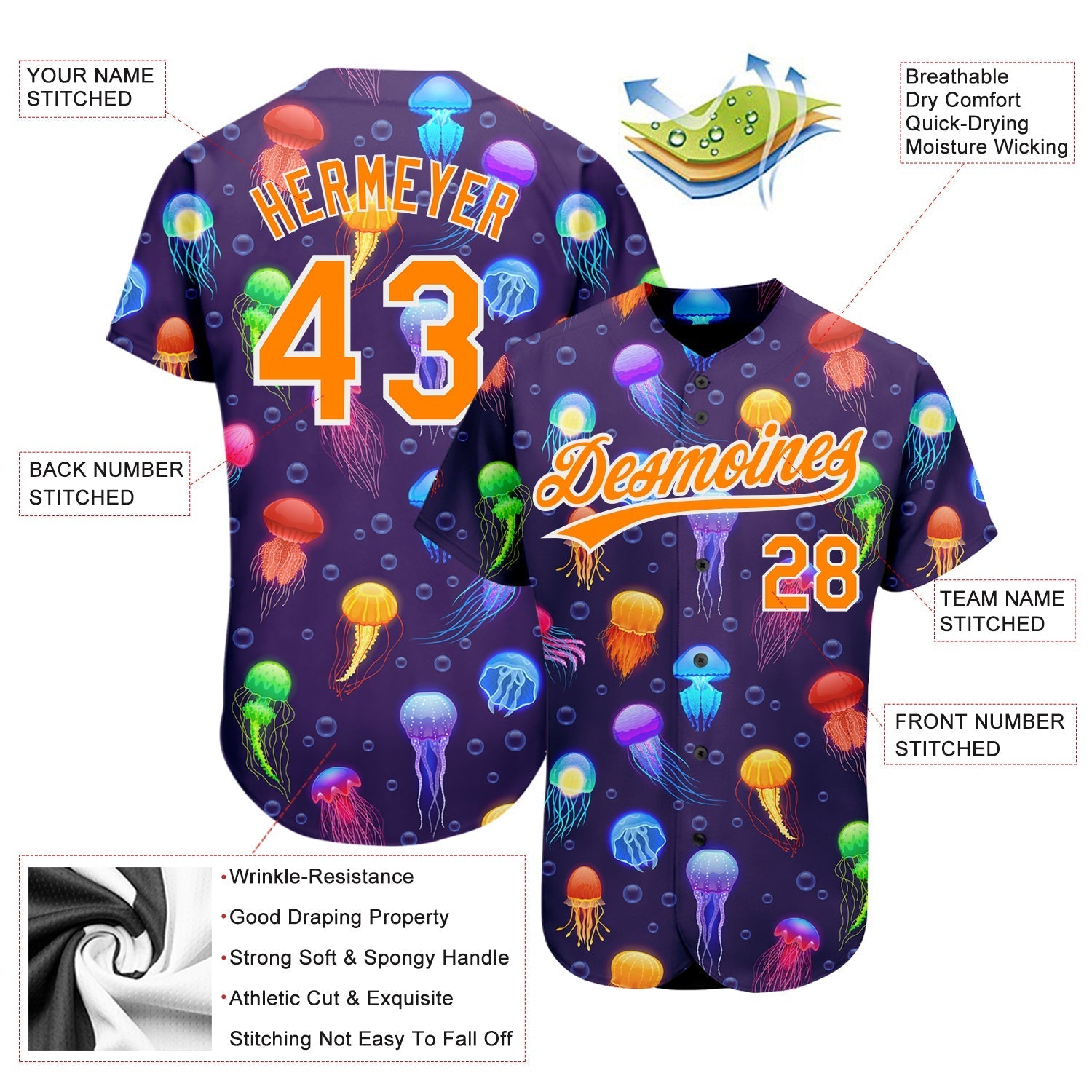 Custom Purple Bay Orange-White 3D Pattern Design Colorful Cartoon Jellyfish Authentic Baseball Jersey baseball jersey product view 3