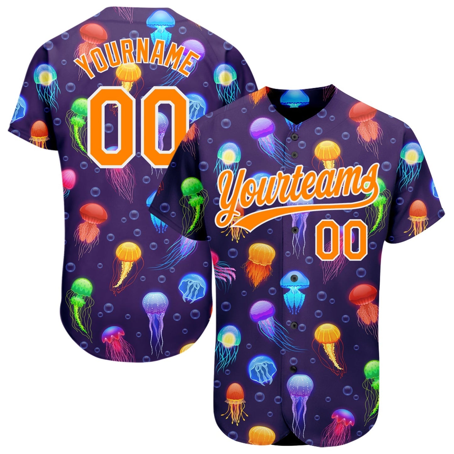 Custom Purple Bay Orange-White 3D Pattern Design Colorful Cartoon Jellyfish Authentic Baseball Jersey baseball jersey product view 1