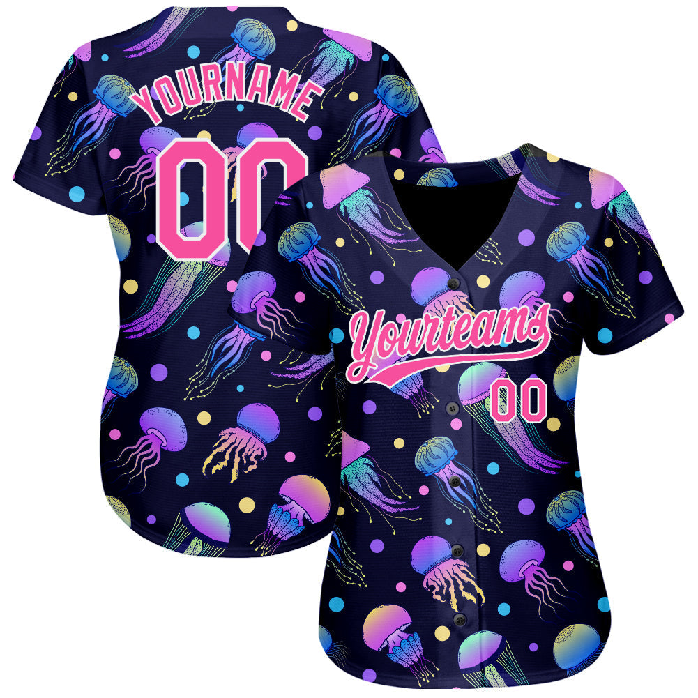 Custom Navy Pink-White 3D Pattern Design Colorful Cartoon Jellyfish Authentic Baseball Jersey baseball jersey product view 2