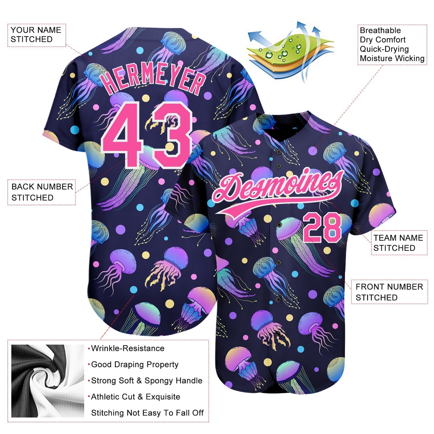 Custom Navy Pink-White 3D Pattern Design Colorful Cartoon Jellyfish Authentic Baseball Jersey baseball jersey product view 3