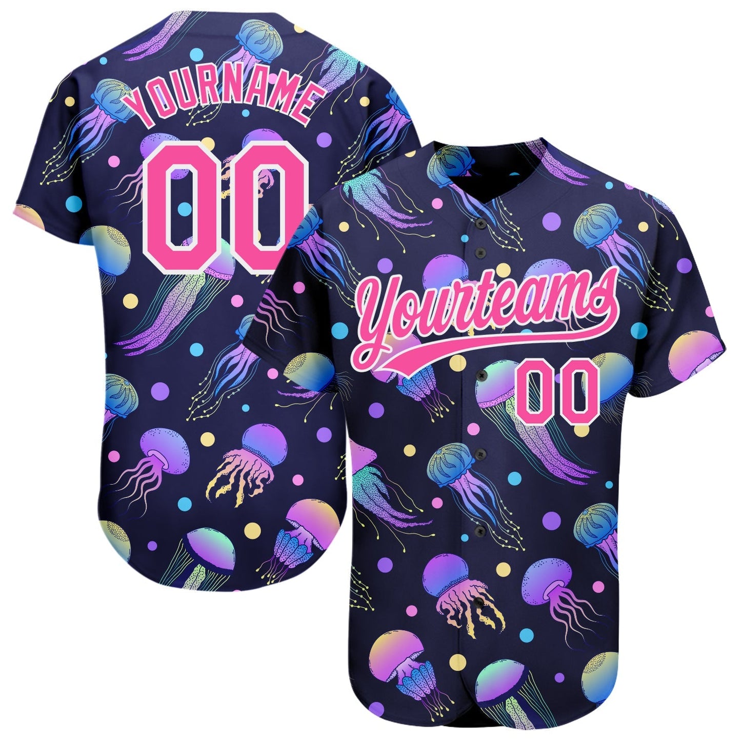 Custom Navy Pink-White 3D Pattern Design Colorful Cartoon Jellyfish Authentic Baseball Jersey baseball jersey product view 1