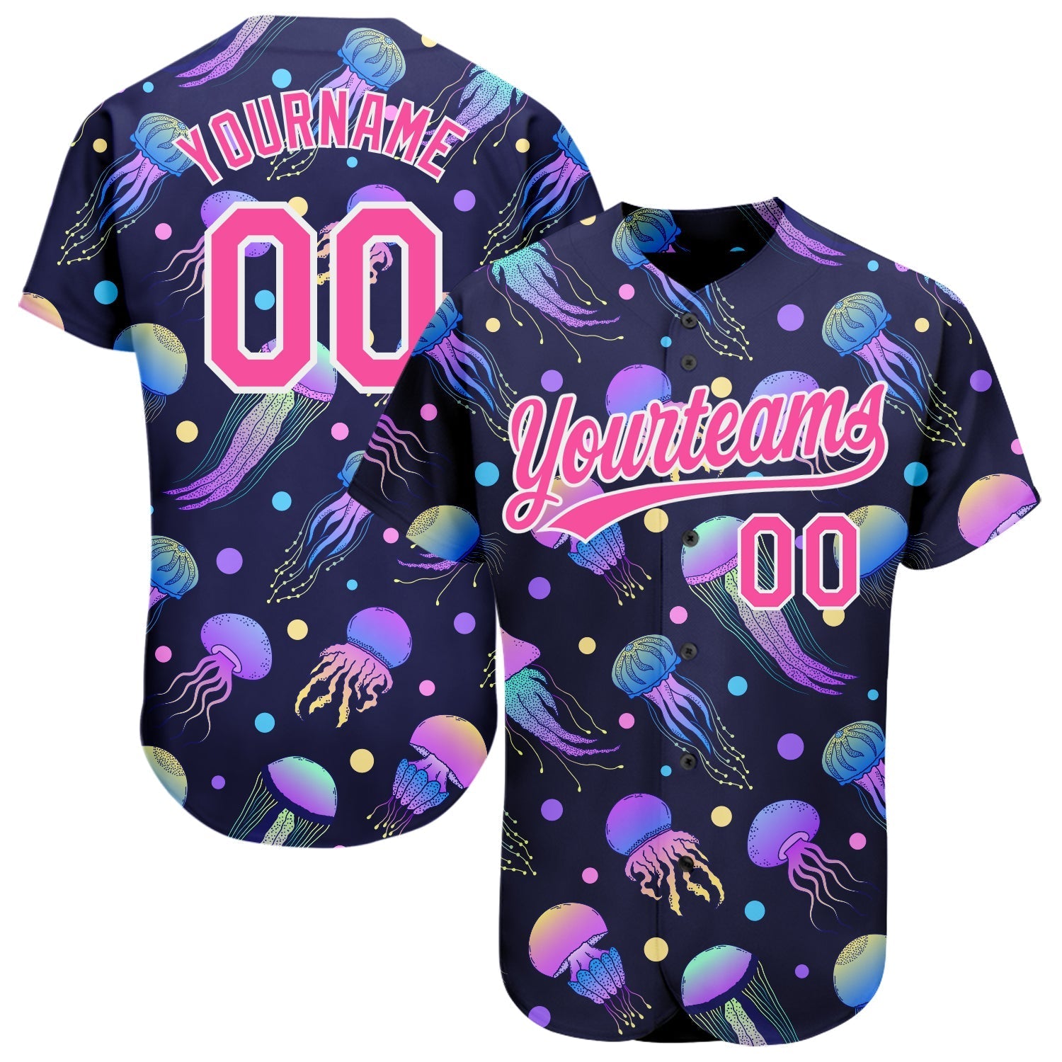 Custom Navy Pink-White 3D Pattern Design Colorful Cartoon Jellyfish Authentic Baseball Jersey baseball jersey product view 1
