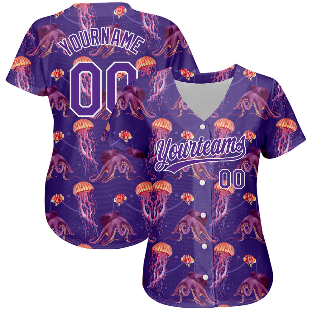 Custom Purple White 3D Pattern Design Jellyfish And Octopus Authentic Baseball Jersey baseball jersey product view 2